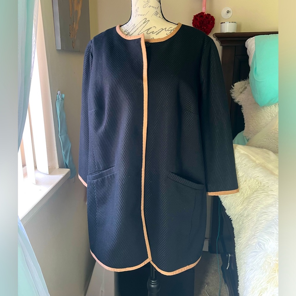 Talbots Black Collarless Jacket with Tan Trim